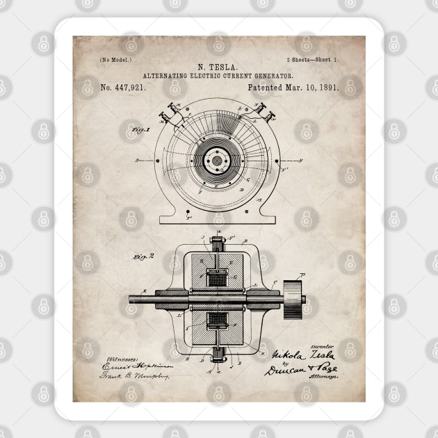 Tesla Generator Patent - Electrician Maker Workshop Art - Antique Sticker by patentpress